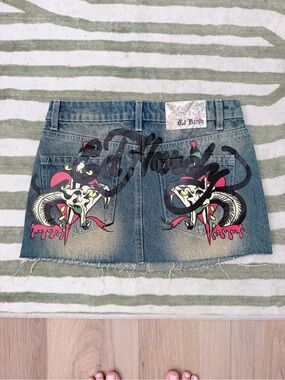 NWOT Ed Hardy Snake Hearts Denim Skirt